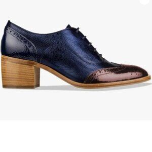 FOWT Women's Perforated Lace-Up Oxfords Almond Toe Mid Chunky Heel Brogues Blue